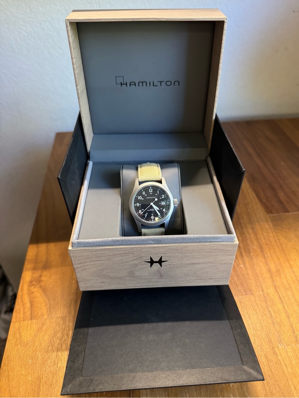 Hamilton Men's Field Officer Mechanical Watch in Beige Strap and Black Dial